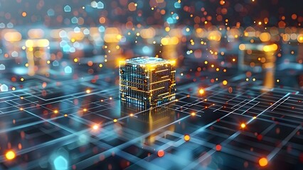 Futuristic blockchain technology desktop wallpaper with digital blocks for fintech enthusiasts . Concept Futuristic Technology, Blockchain, Desktop Wallpaper, Fintech, Digital Blocks