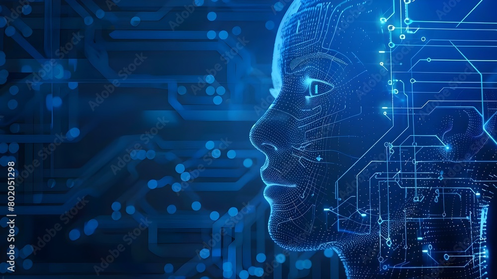 Poster ai concept with female face outline circuit board binary data flow on blue . concept artificial inte