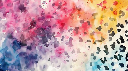 Watercolor background featuring a modern twist on leopard patterns, abstract splashes of color creating a lively and engaging texture