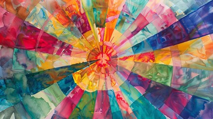 Watercolor canvas depicting an explosive abstract pattern emerging from a wooden color wheel, vibrant hues creating a lively atmosphere