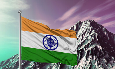 India national flag cloth fabric waving on beautiful night Mountain cloud Background.