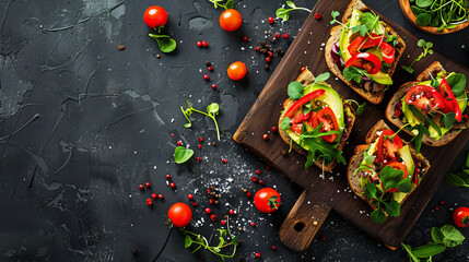 Board with tasty avocado sandwiches on dark background