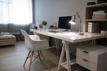a computer desk with a lamp on it and a keyboard on the desk.