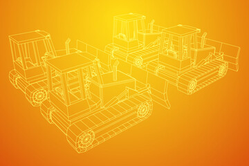 Big front-end loader bulldozer. Heavy equipment machine and manufacturing equipment for mining. Wireframe low poly mesh vector illustration.