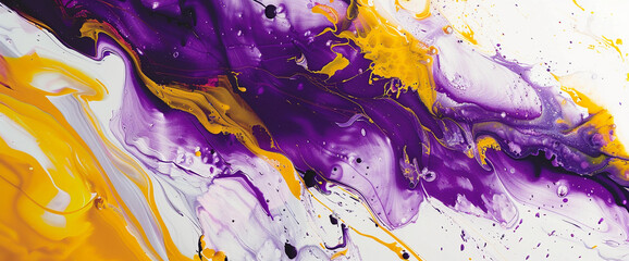 Bold strokes of deep purple and sunny yellow colliding with each other, creating abstract textures on a clean white surface with an intriguing ink marble pattern.