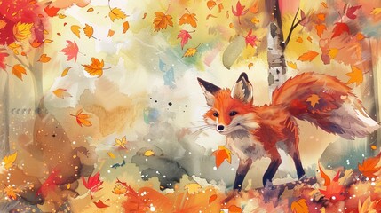 Watercolor of a playful fox in a vibrant autumn forest, the colorful leaves creating a lively and whimsical background