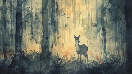 Watercolor of a young deer in a misty forest at dawn, soft light filtering through trees creating a serene and mysterious ambiance