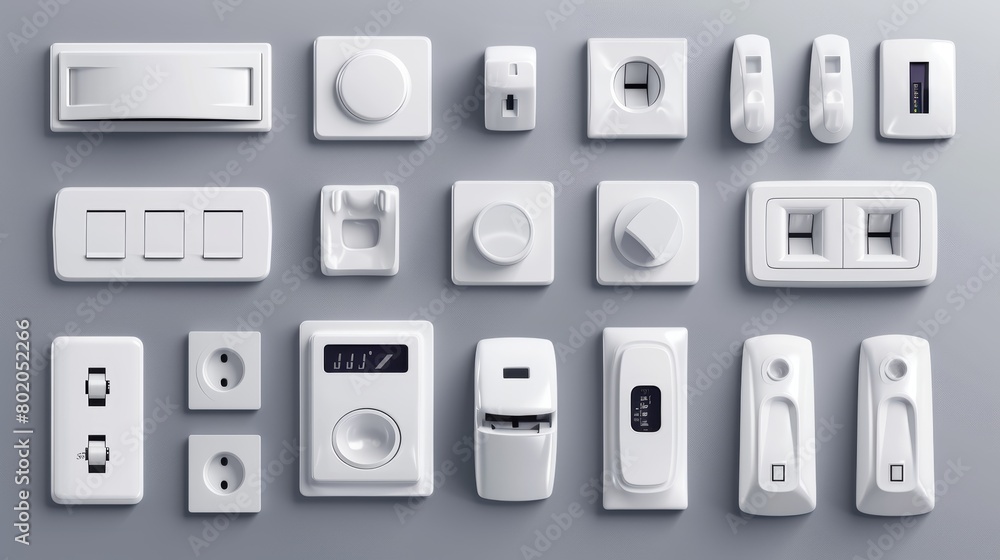 Poster various types of toggle switches and outlets of different styles on a wall. modern realistic set of 