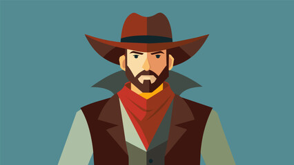 A man dressed as a cowboy donning a widebrimmed hat chaps and a leather vest representing the iconic figure of the American West.. Vector illustration