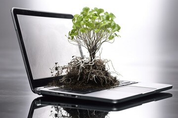 a laptop with a plant growing out of it - obrazy, fototapety, plakaty