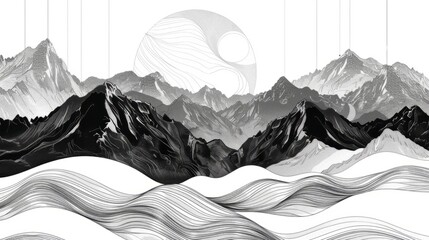 Black and white mountain line arts wallpaper, luxury landscape background design for cover, invitation background, packaging design, fabric, and print. Vector illustration