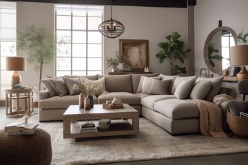 a living room with a couch and a coffee table - obrazy, fototapety, plakaty