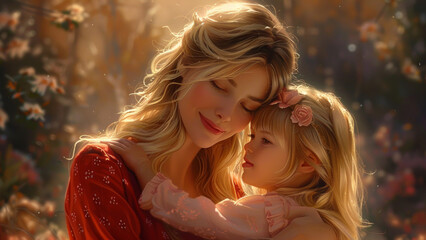 Golden Hour Embrace Between Mother and Daughter - obrazy, fototapety, plakaty