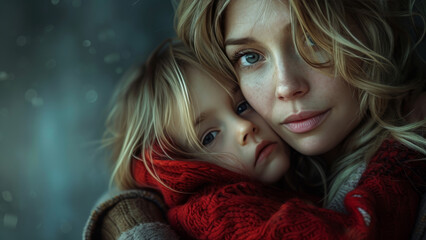 Serene Winter Embrace: Mother and Daughter - obrazy, fototapety, plakaty