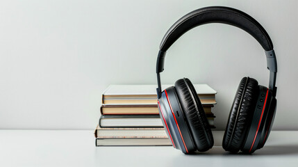 Books and modern headphones on white background.