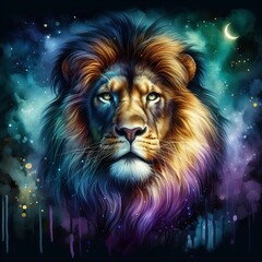 A majestic and colorful lion painted in watercolor against a dark background