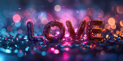 Schriftzug Buchstaben in Neon mit Wort LOVE zum Valentinstag und Muttertag für verliebte Menschen, ai generativ