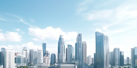 A city skyline with a clear blue sky