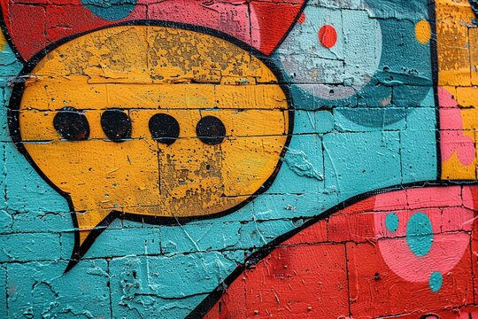 A flat wall comes alive with a thought bubble and speech bubble rendered in a vibrant graffiti style.
