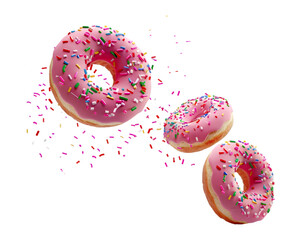 Round donut doughnut, pink set on transparent background