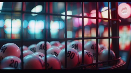 A close-up shot of a bingo cage filled with numbered balls, ready to be drawn for a thrilling game of chance on National Bingo Day.