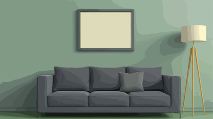 Grey sofa with lamp and blank frame hanging on green