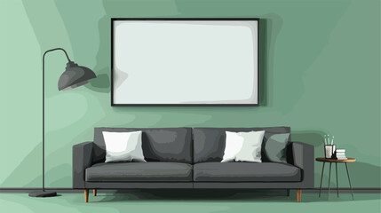 Grey sofa with lamp and blank frame hanging on green