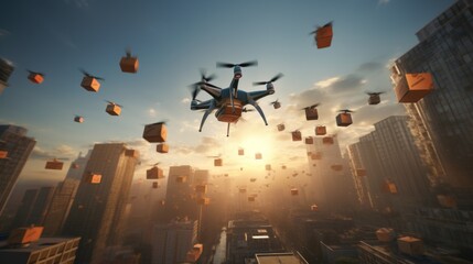 Autonomous drone hovers in the sky, delivering a package swiftly above a congested city street filled with cars stuck in a traffic jam, showcasing the efficiency of modern aerial delivery services
