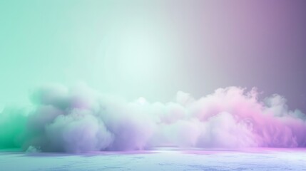 Fototapeta premium A large cloud of smoke hovers in the empty mint green pastel background, creating a striking visual element