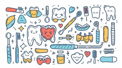 Dentist doodle icons, dental care and medicine. Teeth, veneers, paste and toothbrush, stomatology tools, caries treatment, dental care icons, dental care and medicine graphics.
