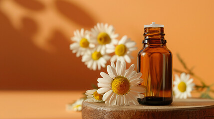 Bottle of essential oil on podium and chamomile flower