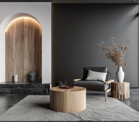 Sophisticated modern interiors with natural wood elements and chic decor.