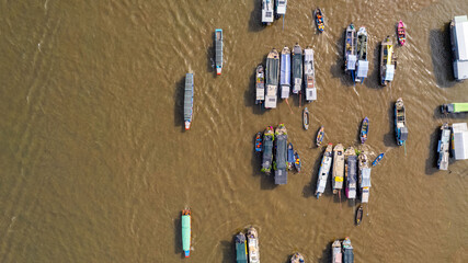 Top-down view of View of Cai Rang Floating market in Can Tho Vietnam Mekong river Delta