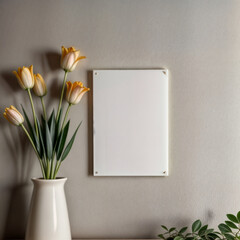 Blank picture with white frame mockup. Modern glass vase with dry flowers on wooden table. Still life interior.