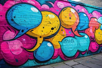 Speech and thought bubbles in a colorful graffiti style adorn a flat concrete wall.