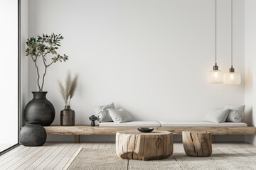 Sophisticated modern interiors with natural wood elements and chic decor.