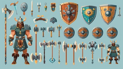A Viking with different medieval weaponry and armor. A strong man in a helmet, a norse warrior with a sword, spear, hammer, and axe. - obrazy, fototapety, plakaty