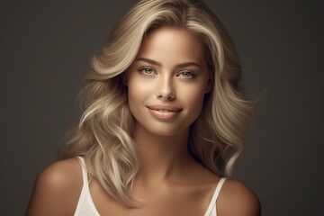 Fototapeta premium Portrait of a beautiful smiling blonde girl in grey background