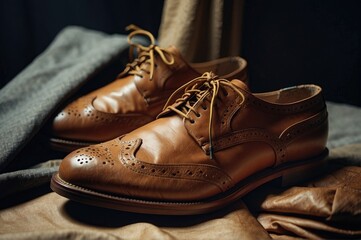 Elegant brown leather brogue shoes with detailed perforations, displayed on a textured fabric background