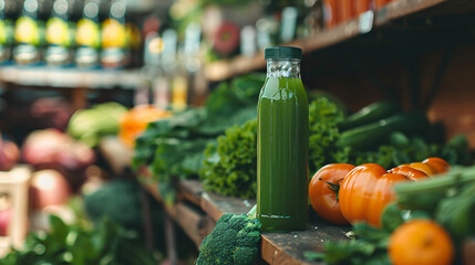 Bottle of fresh vegetable juice on table - obrazy, fototapety, plakaty