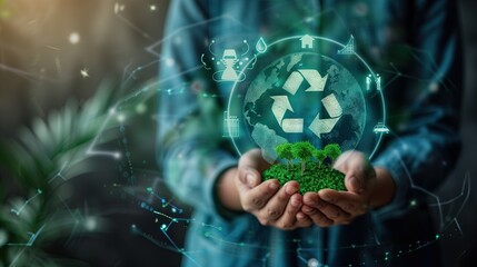 Man holding holographic carbon reduction icon on virtual screen environmental protection concept