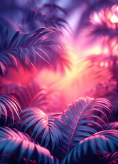 Pink and purple dark abstract background with neon tropical leaves and foliage - space for copy text.