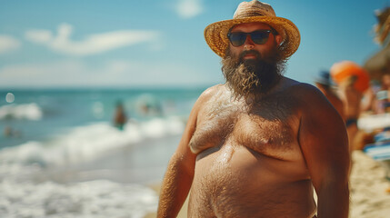Fat, bearded man in swimsuit on the beach with sunglasses and hat enjoying his vacation.
