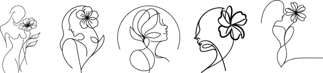 Set of Retro Lineart, woman and flower, abstract