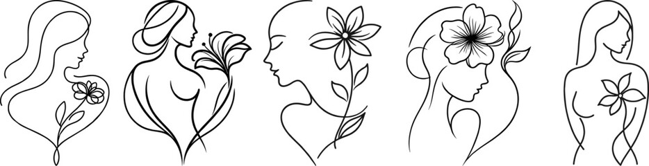 Set of Retro Lineart, woman and flower, abstract