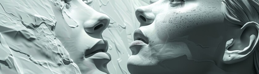 Surreal digital art of multiple translucent faces in monochrome, concept of emotions and human expressions