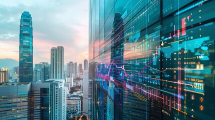 Obraz premium Modern City Skyline with Digital Stock Market Graphs Reflected on Glass Skyscraper Representing Global Economy, Finance, and Trading