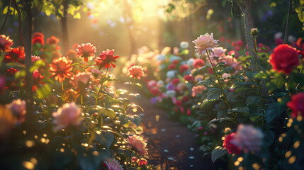 Glowing sunset light filtering through vibrant roses in a tranquil garden setting, perfect for serene themes,beautiful blooming flowers in the garden,Cinematic wild flowers in the sunset light bokeh
