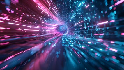 Obraz premium Digital glitch effect background with cyberpunk retrofuturistic neon colors and techno aesthetic . Concept Digital Art, Glitch Effect, Cyberpunk, Neon Colors, Techno Aesthetic