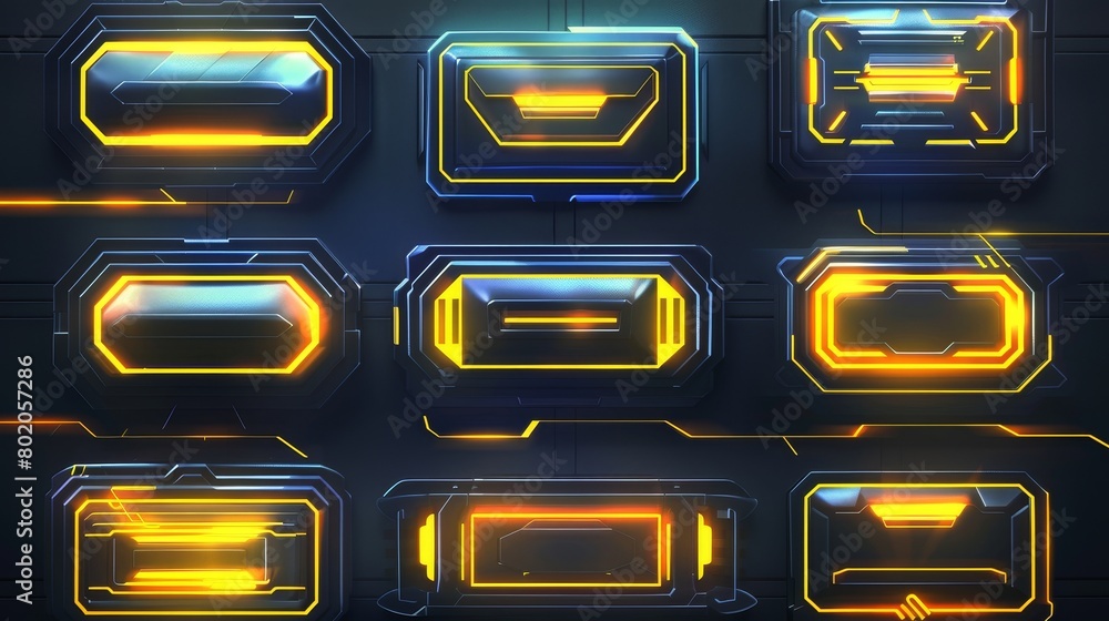Poster an interface with overlay frames and buttons in a futuristic style. modern cartoon template of game 